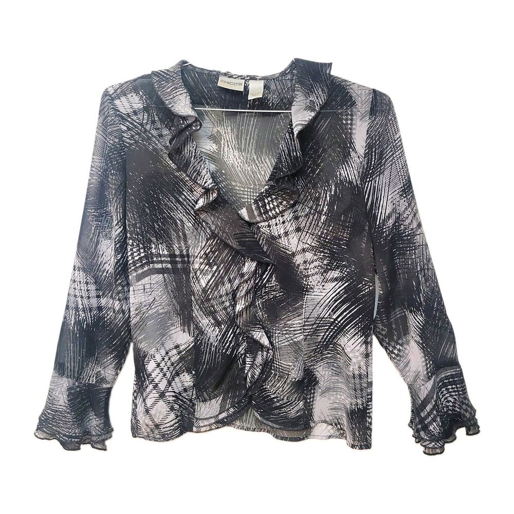 Chico's Sheer Ruffle Front Blouse Size 0 Black Gray Abstract Print Button Front